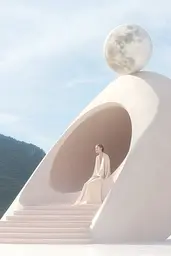 Midjourney generated image using SREF code Cremefloat: A woman sitting on top of a white structure with a full moon in the background.