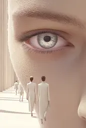 Midjourney generated image using SREF code Cremefloat: A woman's face with a group of people walking down a hallway.