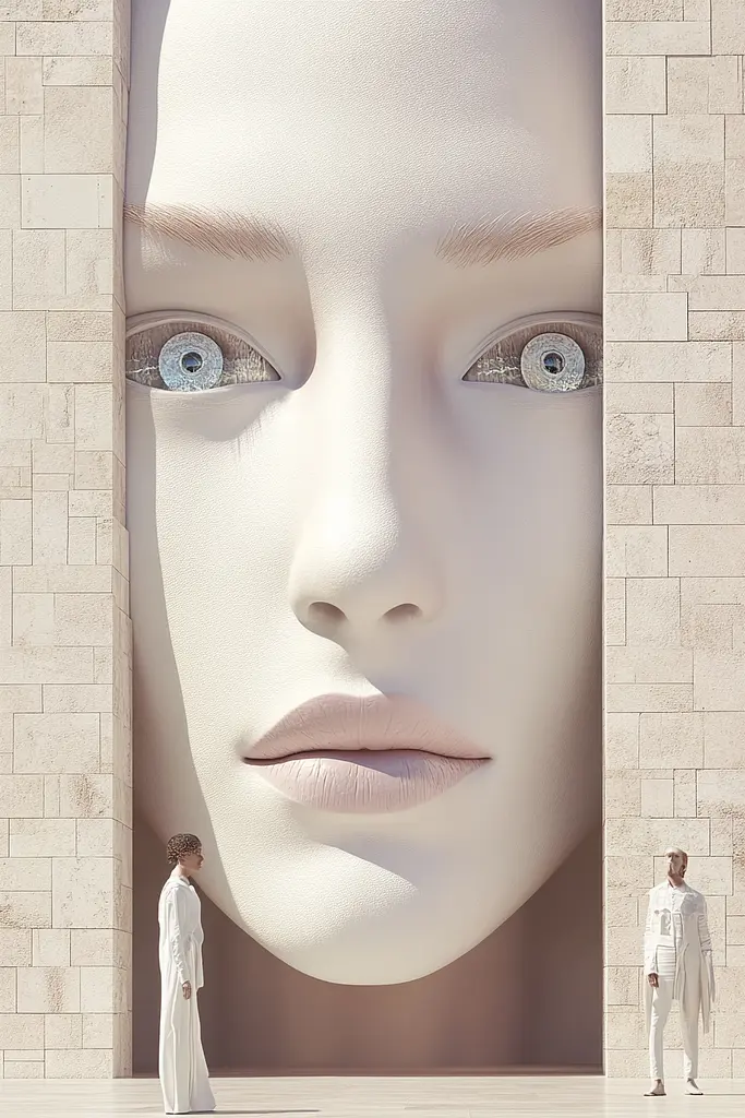 Midjourney generated image using SREF code Cremefloat: A man and a woman standing in front of a large white face.