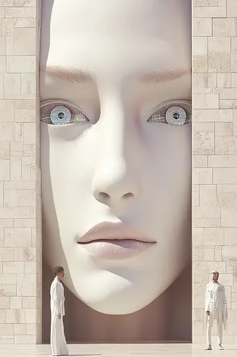 Midjourney generated image using SREF code Cremefloat: A man and a woman standing in front of a large white face.