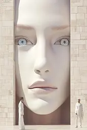 Midjourney generated image using SREF code Cremefloat: A man and a woman standing in front of a large white face.