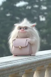 Midjourney generated image using SREF code Cremefloat: A white monkey holding a pink purse on a ledge.