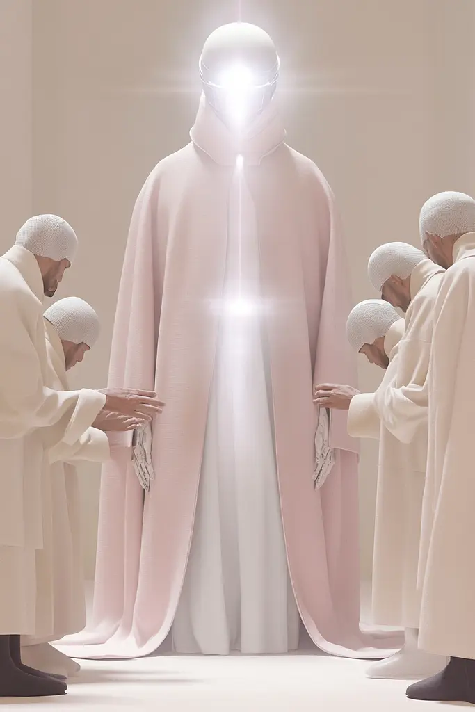Midjourney generated image using SREF code Cremefloat: A group of men standing around a man in a white robe.