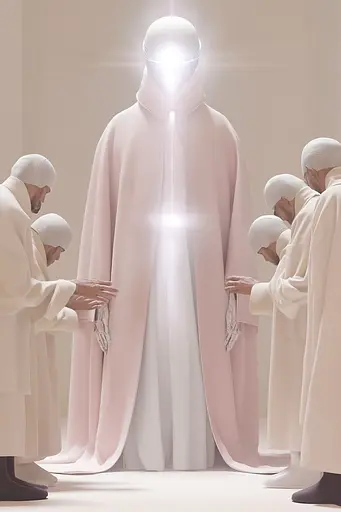 Midjourney generated image using SREF code Cremefloat: A group of men standing around a man in a white robe.