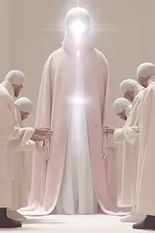 Midjourney generated image using SREF code Cremefloat: A group of men standing around a man in a white robe.