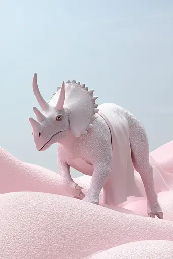 Midjourney generated image using SREF code Cremefloat: A white triceratops standing on top of a pink sand dune.