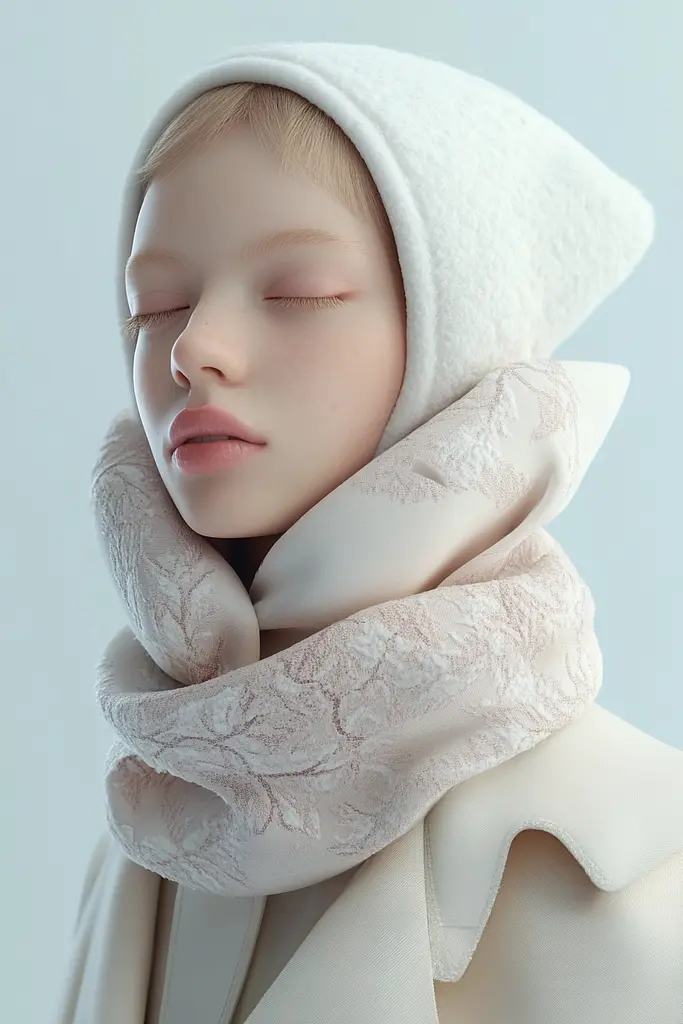 Midjourney generated image using SREF code Cremefloat: A woman wearing a white hooded scarf with a floral pattern.