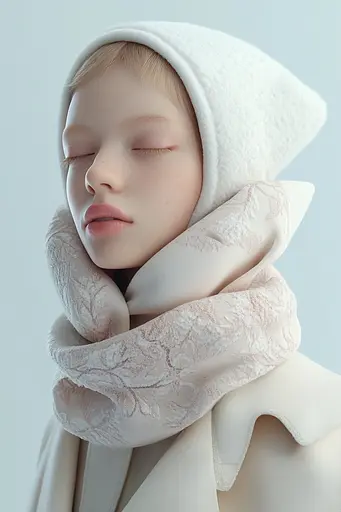 Midjourney generated image using SREF code Cremefloat: A woman wearing a white hooded scarf with a floral pattern.