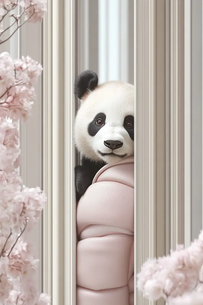 Midjourney generated image using SREF code Cremefloat: A panda bear peeking out of a window with cherry blossoms.