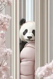 Midjourney generated image using SREF code Cremefloat: A panda bear peeking out of a window with cherry blossoms.