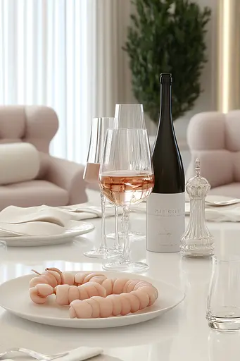 Midjourney generated image using SREF code Cremefloat: A white table topped with plates of food and glasses of wine.