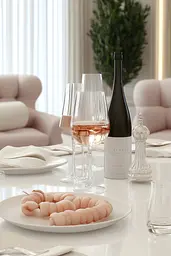 Midjourney generated image using SREF code Cremefloat: A white table topped with plates of food and glasses of wine.