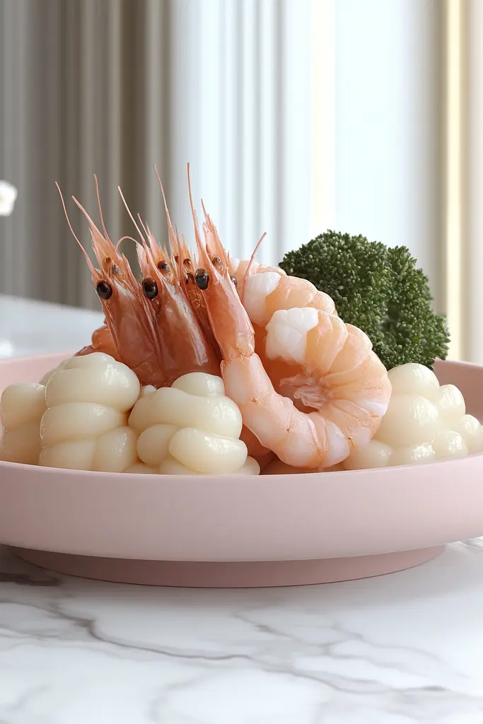 Midjourney generated image using SREF code Cremefloat: A pink bowl filled with shrimp and scallops on a table.
