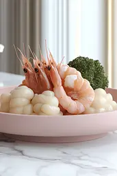 Midjourney generated image using SREF code Cremefloat: A pink bowl filled with shrimp and scallops on a table.