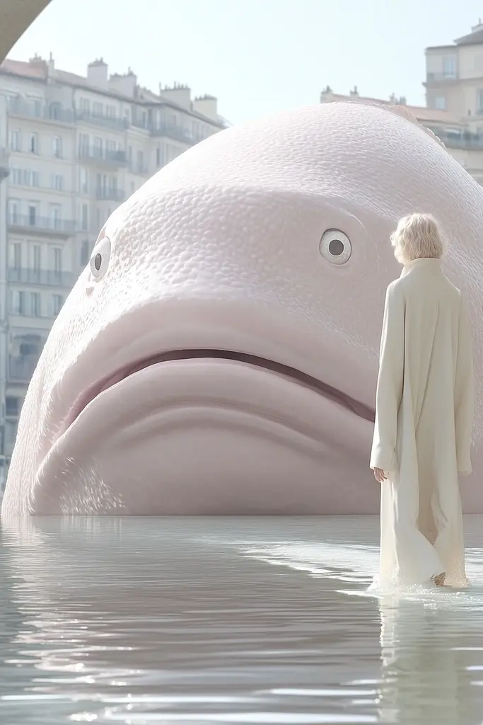 Midjourney generated image using SREF code Cremefloat: A man standing in the water next to a giant pink whale.