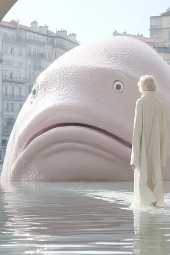 Midjourney generated image using SREF code Cremefloat: A man standing in the water next to a giant pink whale.
