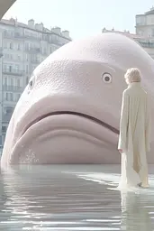 Midjourney generated image using SREF code Cremefloat: A man standing in the water next to a giant pink whale.
