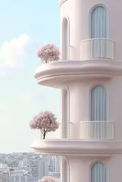 Midjourney generated image using SREF code Cremefloat: A tall pink building with a tree on top of it.