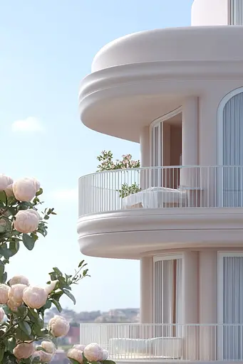 Midjourney generated image using SREF code Cremefloat: A white building with a balcony and flowers on the balcony.