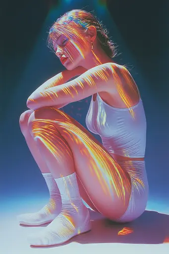 Midjourney generated image using SREF code Luminous Dreams: A woman in a white bodysuit sitting on the ground.