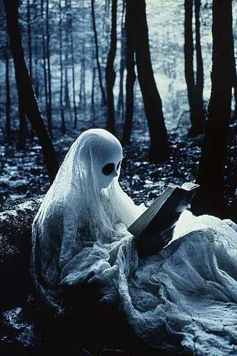 Midjourney generated image using SREF code Nocturnal Echo: A ghost reading a book in the woods.