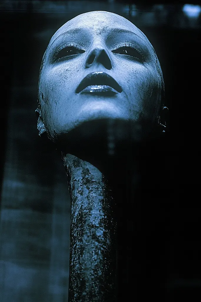 Midjourney generated image using SREF code Nocturnal Echo: A close up of a statue of a woman's face in a dark room.