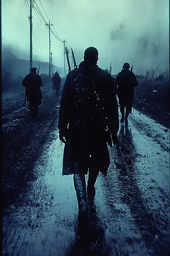 Midjourney generated image using SREF code Nocturnal Echo: A group of soldiers walking down a dirt road.