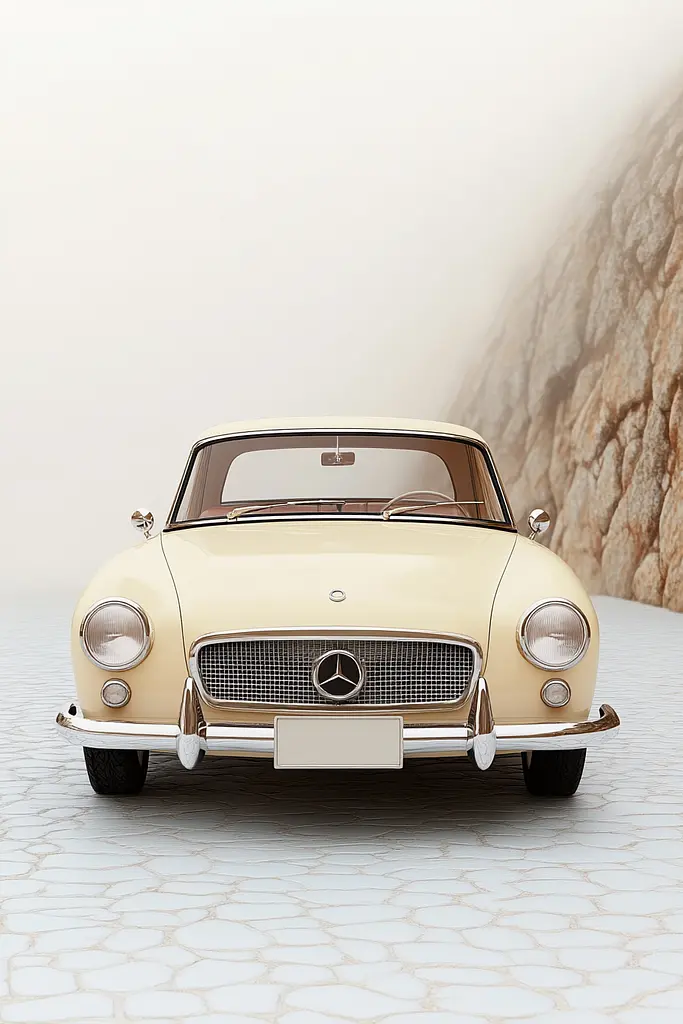 Midjourney generated image using SREF code Almond Drift: A vintage car is parked in front of a mountain.