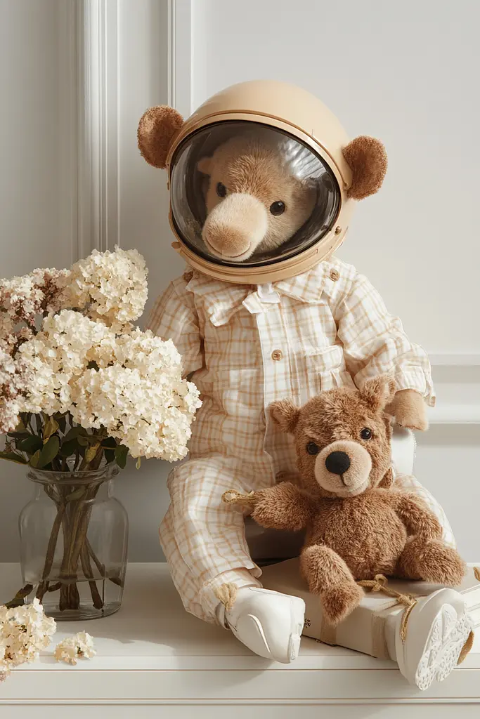 Midjourney generated image using SREF code Almond Drift: A teddy bear wearing a space suit sitting next to a vase of flowers.