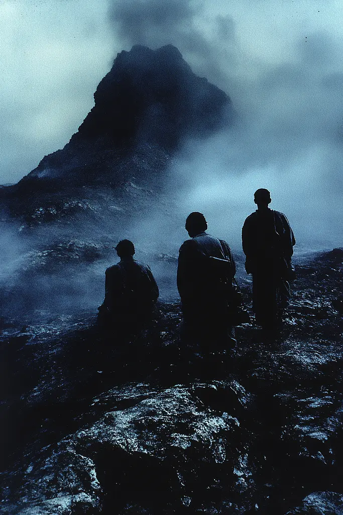 Midjourney generated image using SREF code Nocturnal Echo: A group of men standing on top of a mountain.