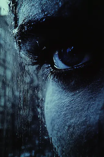 Midjourney generated image using SREF code Nocturnal Echo: A close up of a person's eye in the rain.