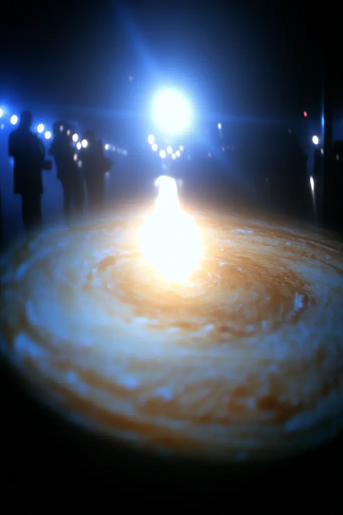 Midjourney generated image using SREF code Haloed Spectres: A group of people standing around a candle in the dark.