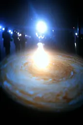 Midjourney generated image using SREF code Haloed Spectres: A group of people standing around a candle in the dark.