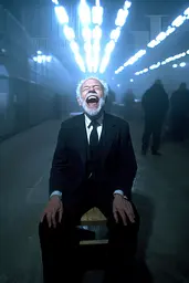Midjourney generated image using SREF code Haloed Spectres: A man in a suit sitting on a bench laughing.