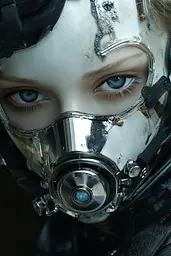 Midjourney generated image using SREF code Mechanical Depravity: A woman wearing a gas mask with blue eyes.