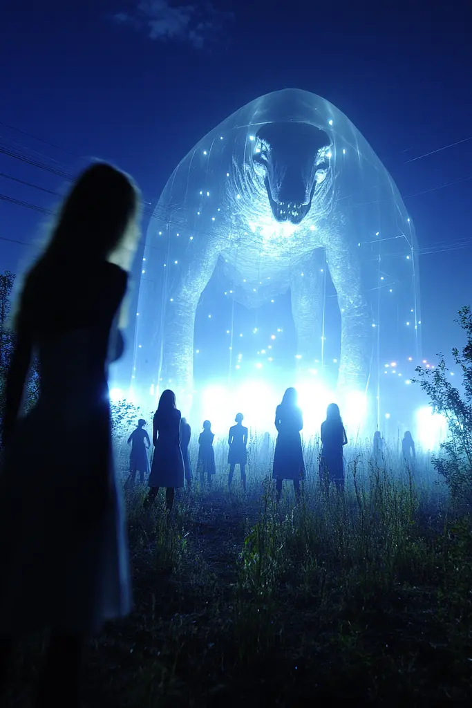 Midjourney generated image using SREF code Haloed Spectres: A group of people standing in front of a giant dinosaur.
