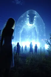 Midjourney generated image using SREF code Haloed Spectres: A group of people standing in front of a giant dinosaur.
