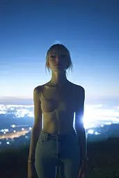 Midjourney generated image using SREF code Haloed Spectres: A woman standing on top of a hill at night.