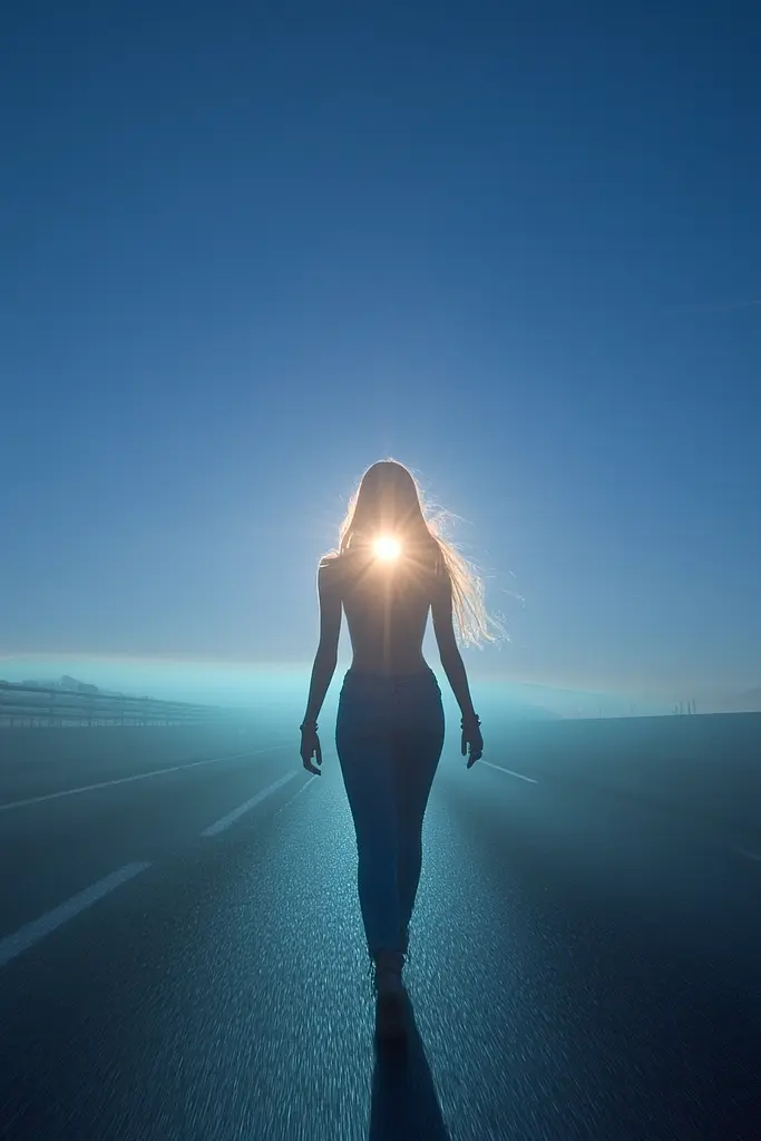 Midjourney generated image using SREF code Haloed Spectres: A woman walking down a road with the sun shining through the clouds.