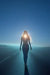 Midjourney generated image using SREF code Haloed Spectres: A woman walking down a road with the sun shining through the clouds.