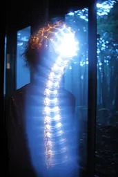 Midjourney generated image using SREF code Haloed Spectres: A person standing in front of a window with a light shining through it.