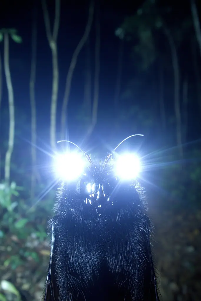 Midjourney generated image using SREF code Haloed Spectres: A close up of a bat with glowing eyes in the dark.
