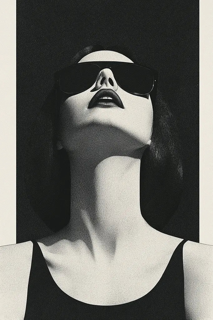 Midjourney generated image using SREF code Voidgrain: A black and white photo of a woman wearing sunglasses.