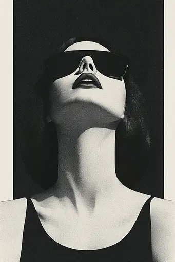 Midjourney generated image using SREF code Voidgrain: A black and white photo of a woman wearing sunglasses.