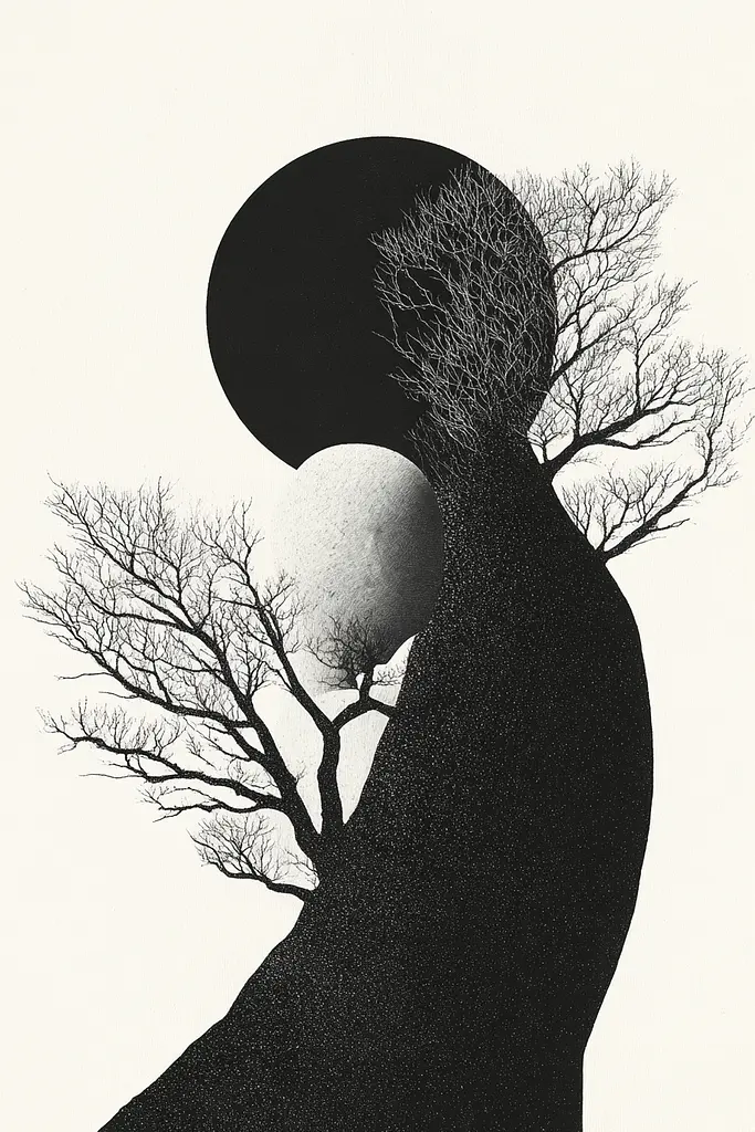 Midjourney generated image using SREF code Voidgrain: A black and white illustration of a tree with a moon in the background.