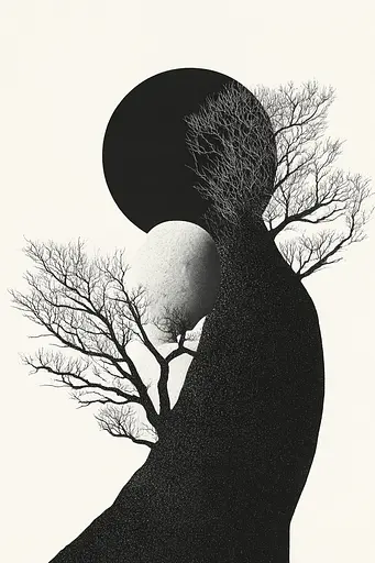 Midjourney generated image using SREF code Voidgrain: A black and white illustration of a tree with a moon in the background.