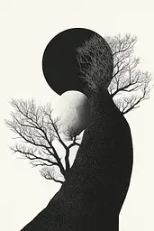 Midjourney generated image using SREF code Voidgrain: A black and white illustration of a tree with a moon in the background.