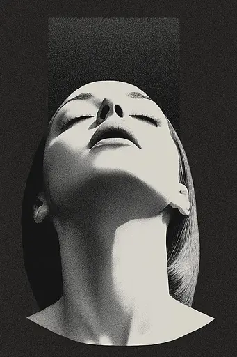 Midjourney generated image using SREF code Voidgrain: A black and white photo of a woman's face with her eyes closed.