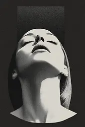 Midjourney generated image using SREF code Voidgrain: A black and white photo of a woman's face with her eyes closed.