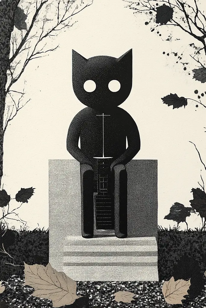 Midjourney generated image using SREF code Voidgrain: A black and white illustration of a cat sitting on a bench.